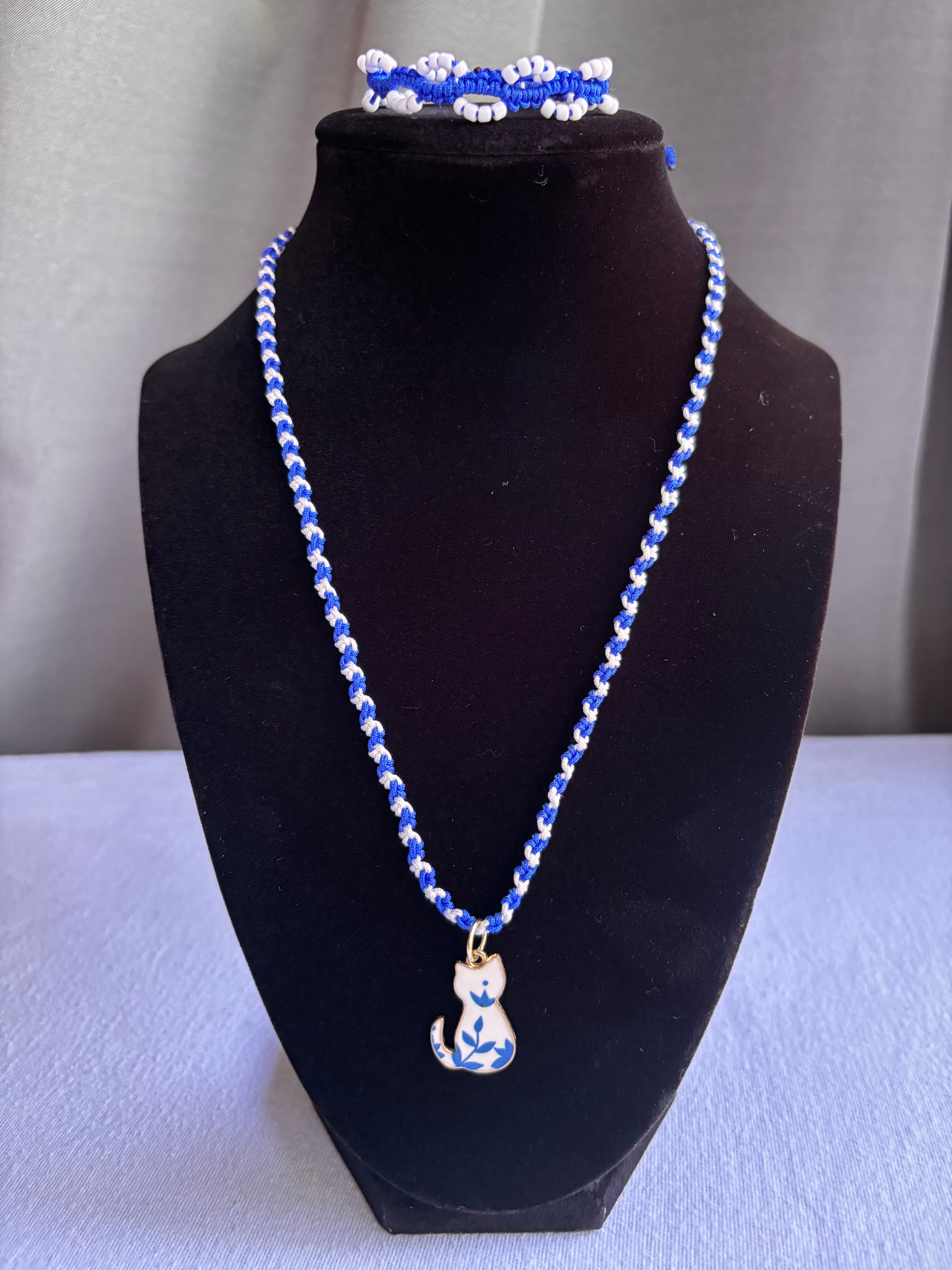 Blue & White Floral Kitty Charm Set