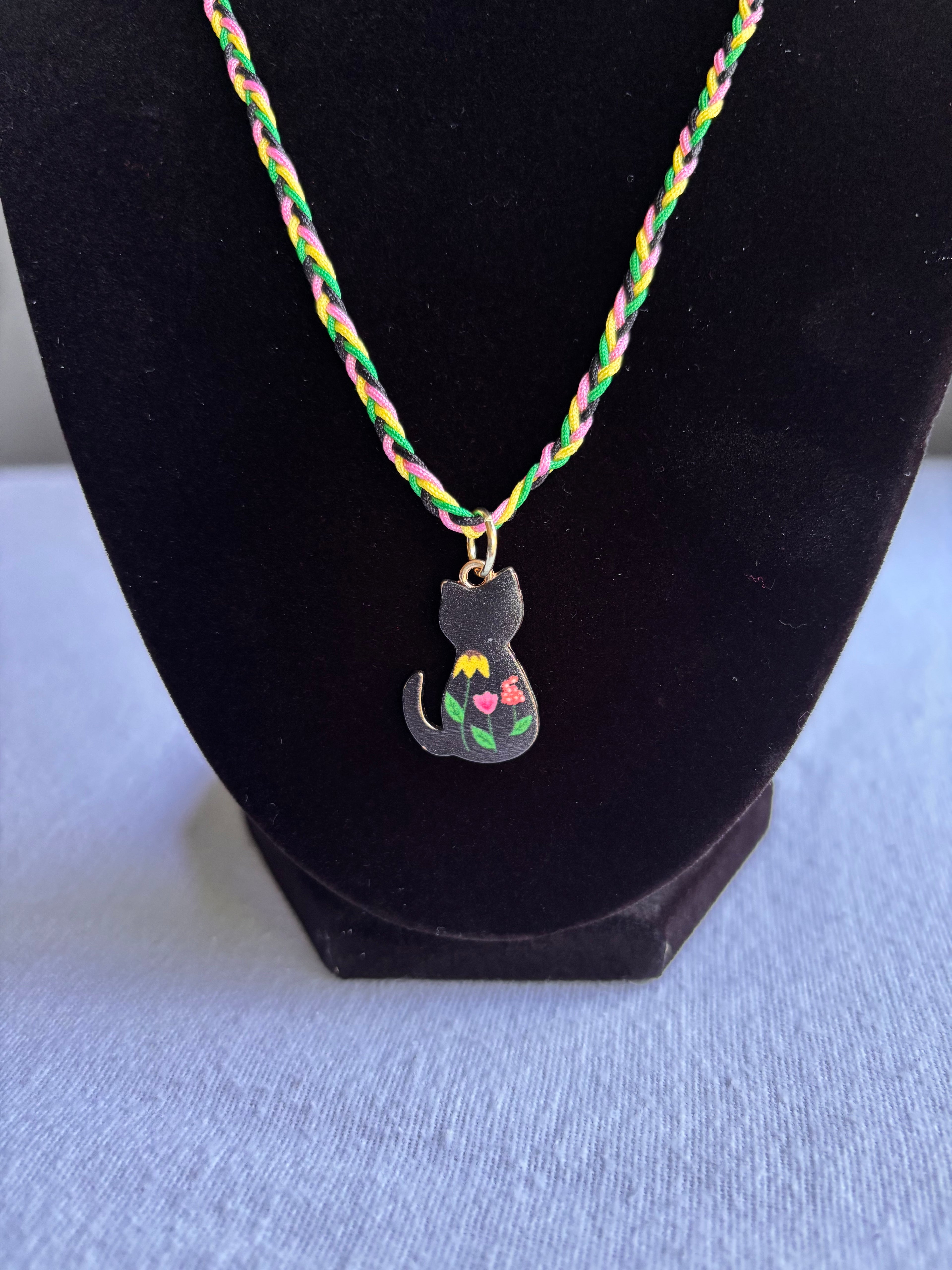 Black Kitty with Flowers Charm Set
