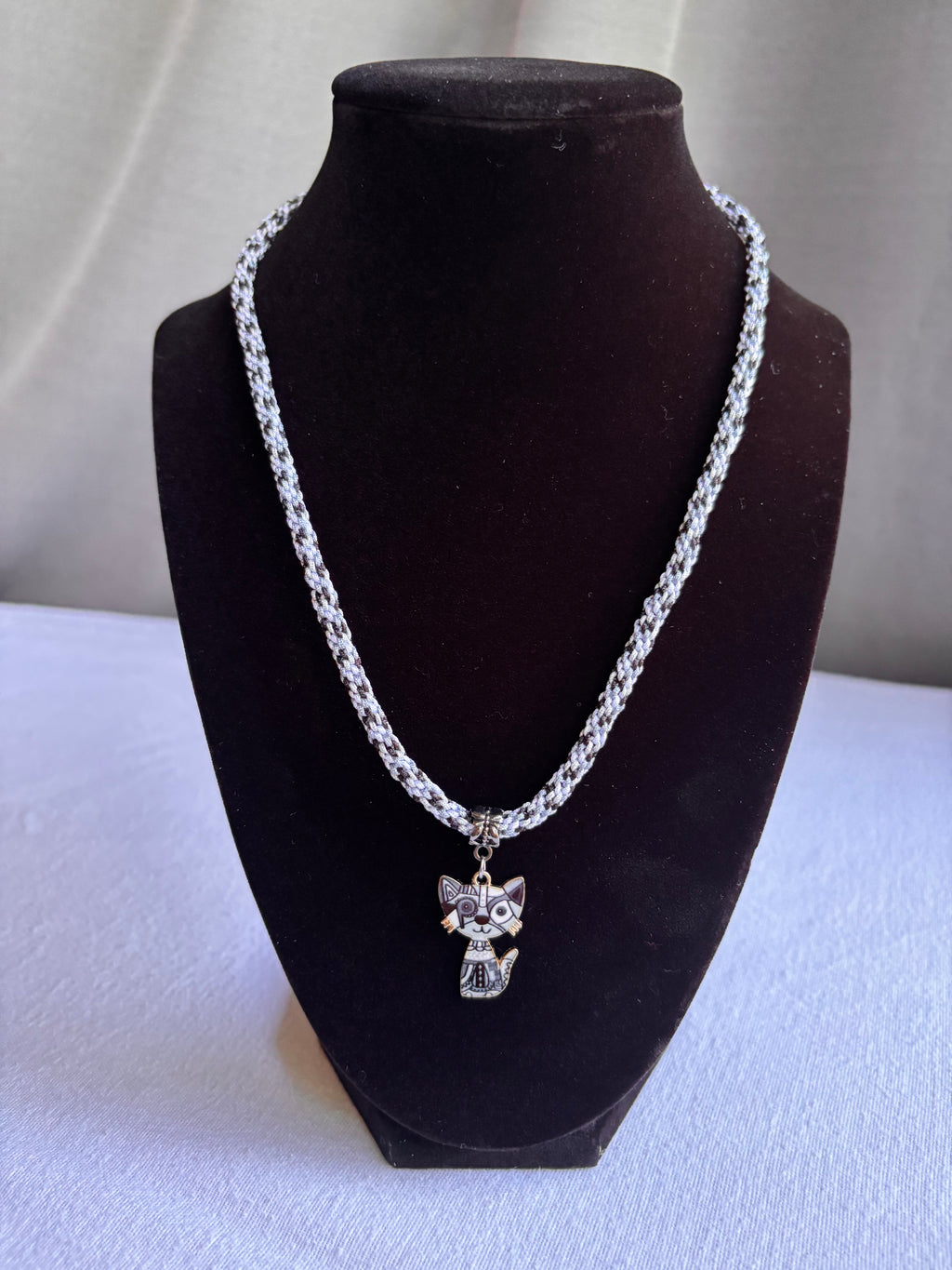 Black Kumihimo Geometric Kitty Charm Necklace