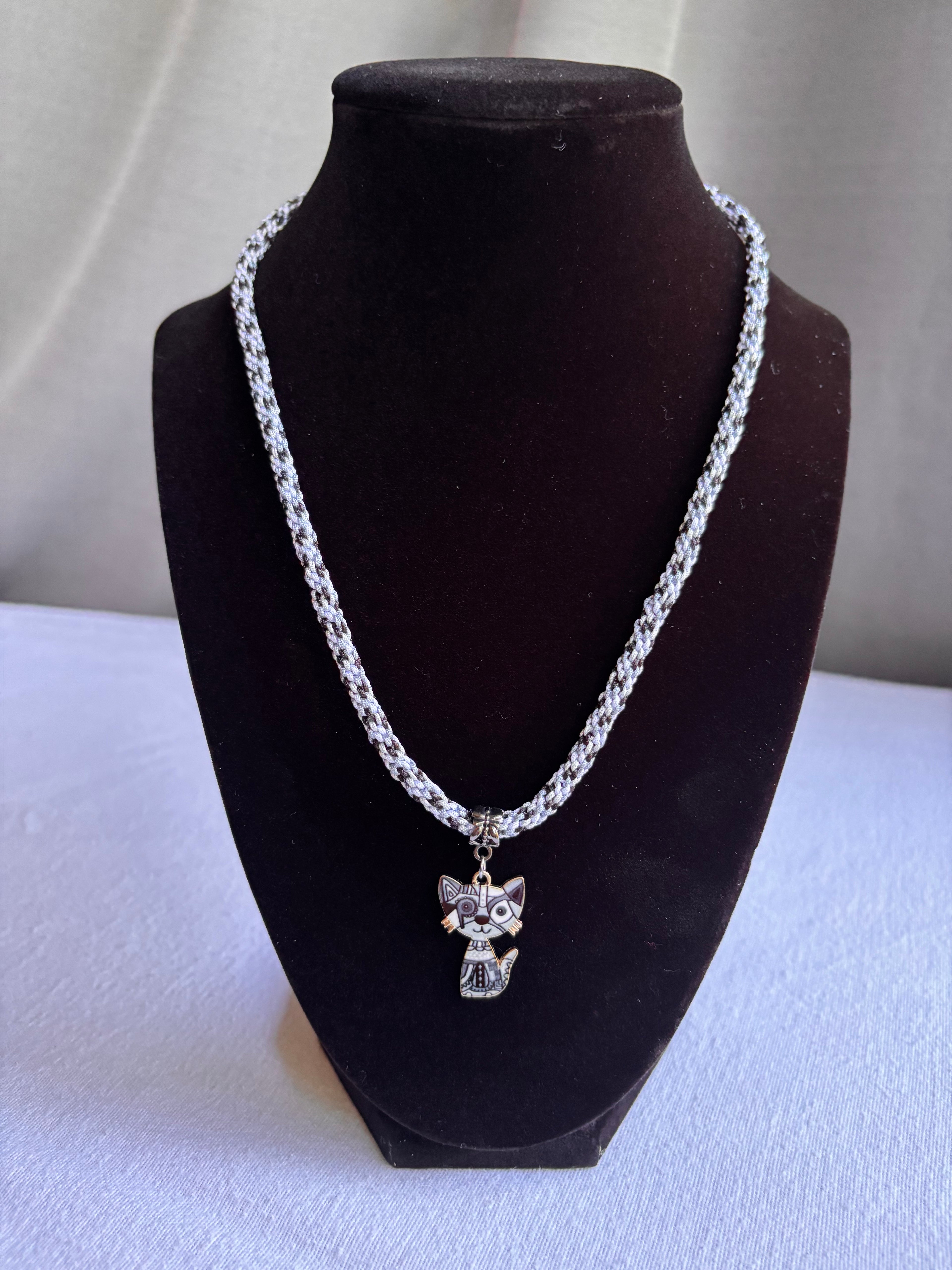 Black Kumihimo Geometric Kitty Charm Necklace