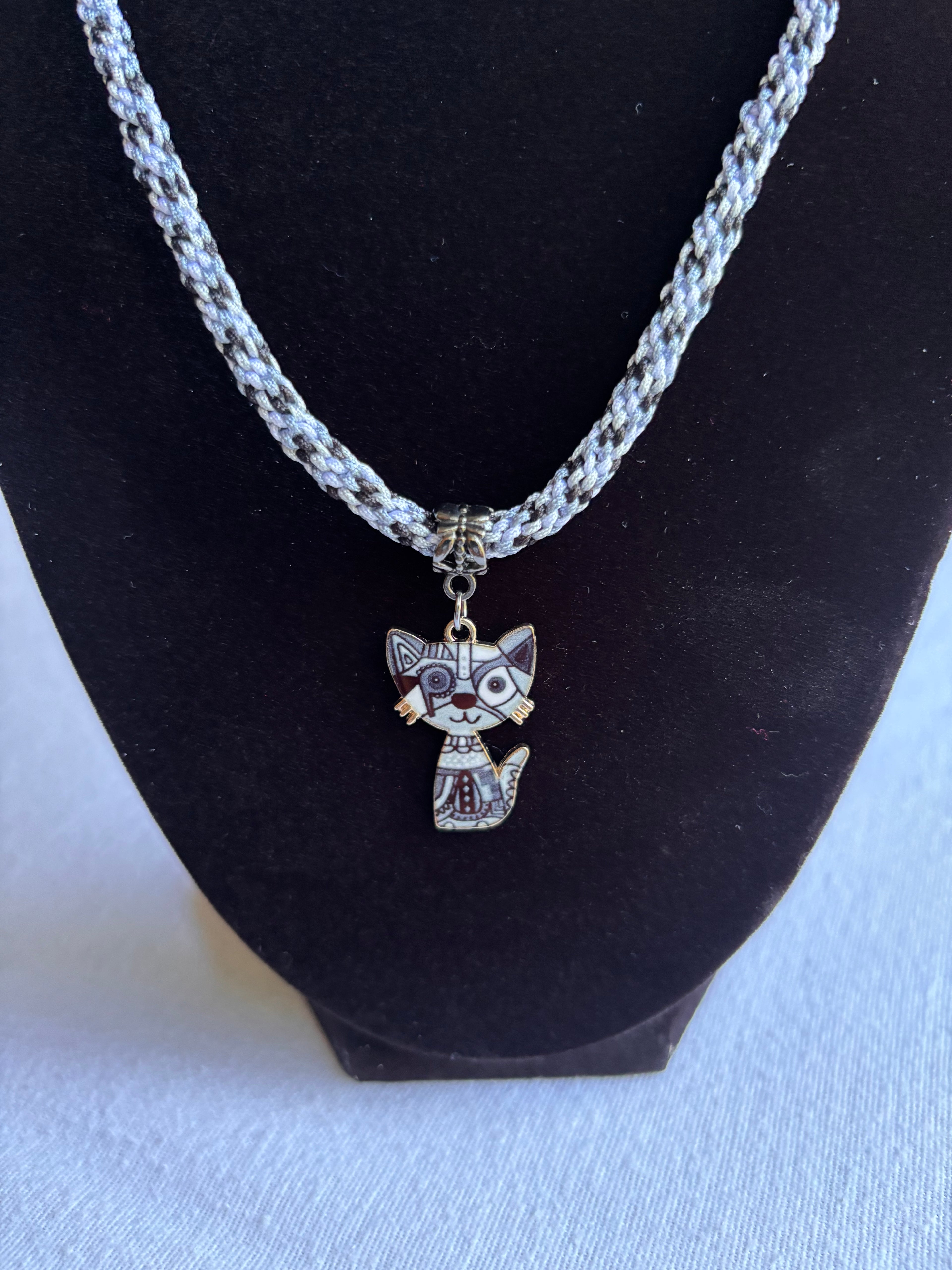 Black Kumihimo Geometric Kitty Charm Necklace