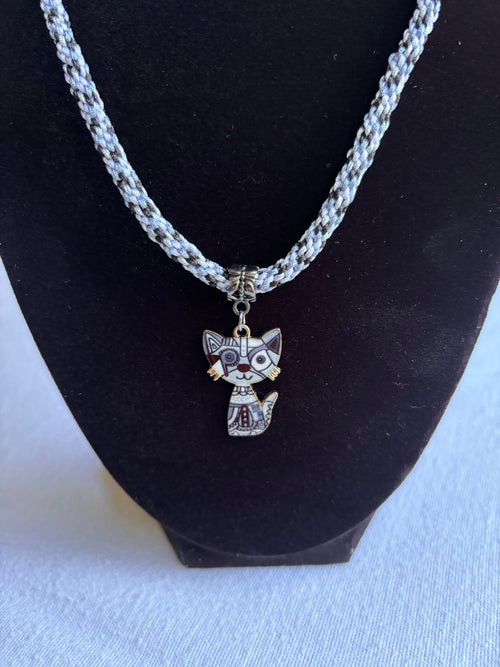 Black Kumihimo Geometric Kitty Charm Necklace