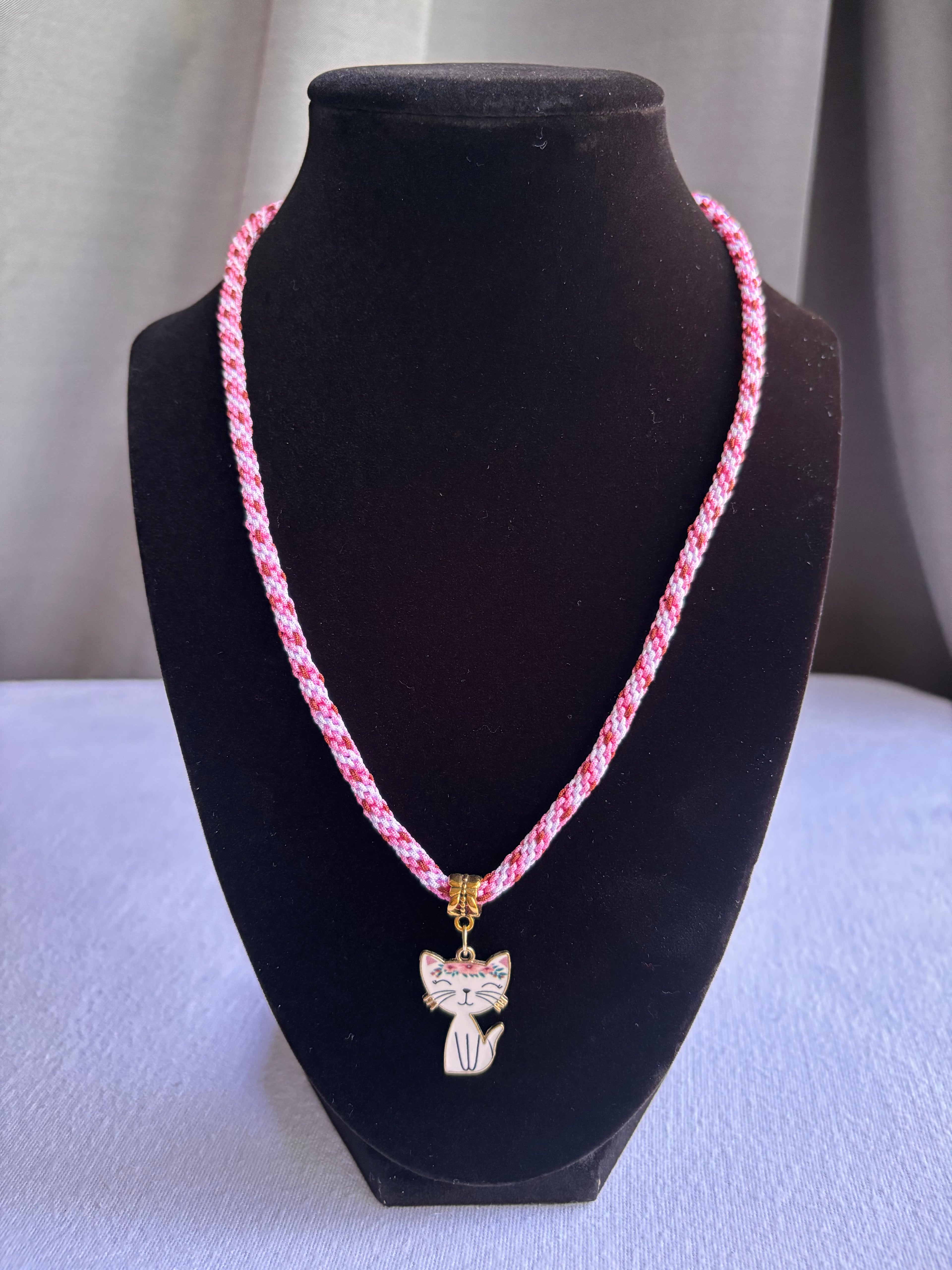 Pink Kumihimo Floral Kitty Charm Necklace