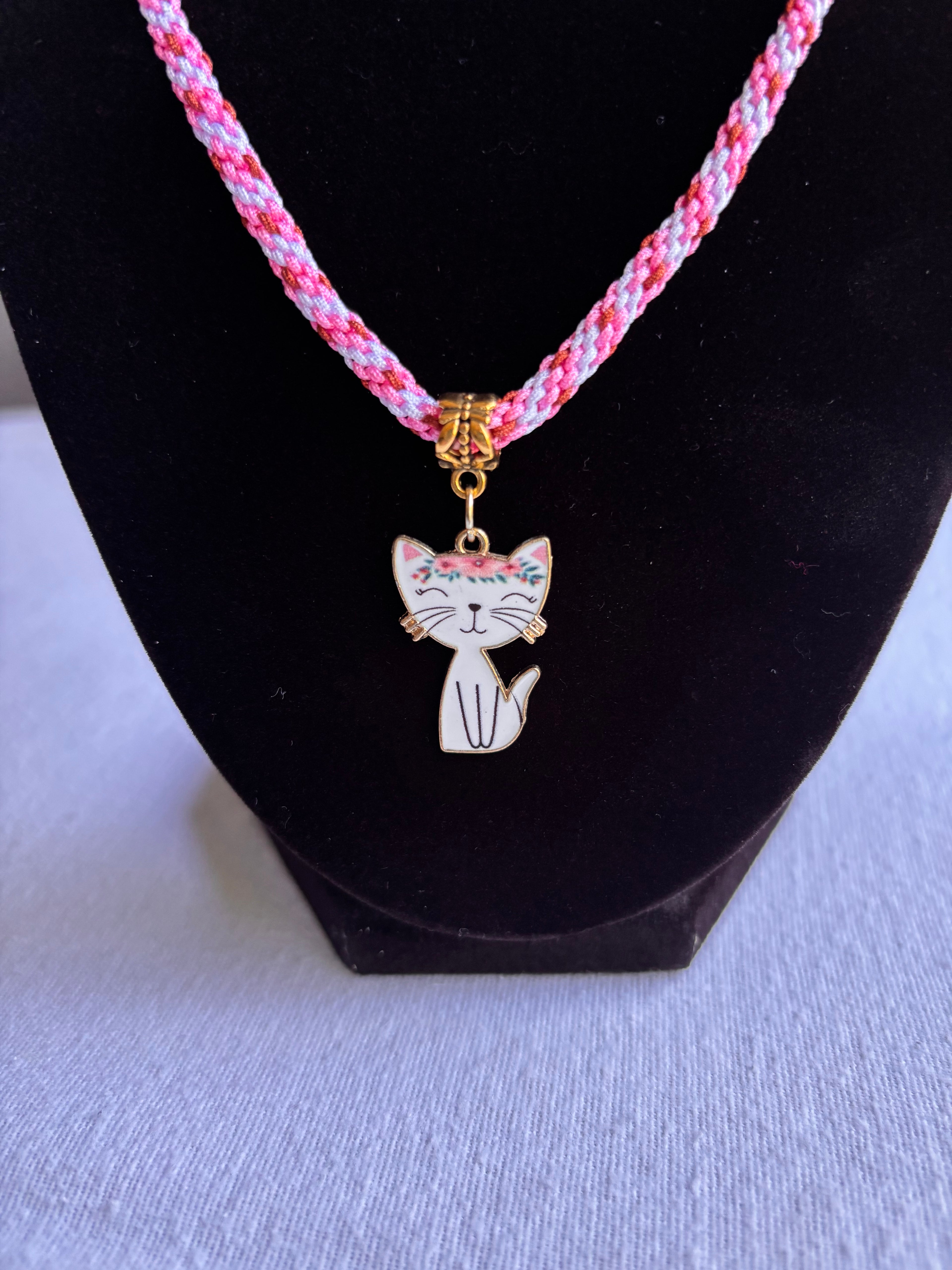 Pink Kumihimo Floral Kitty Charm Necklace