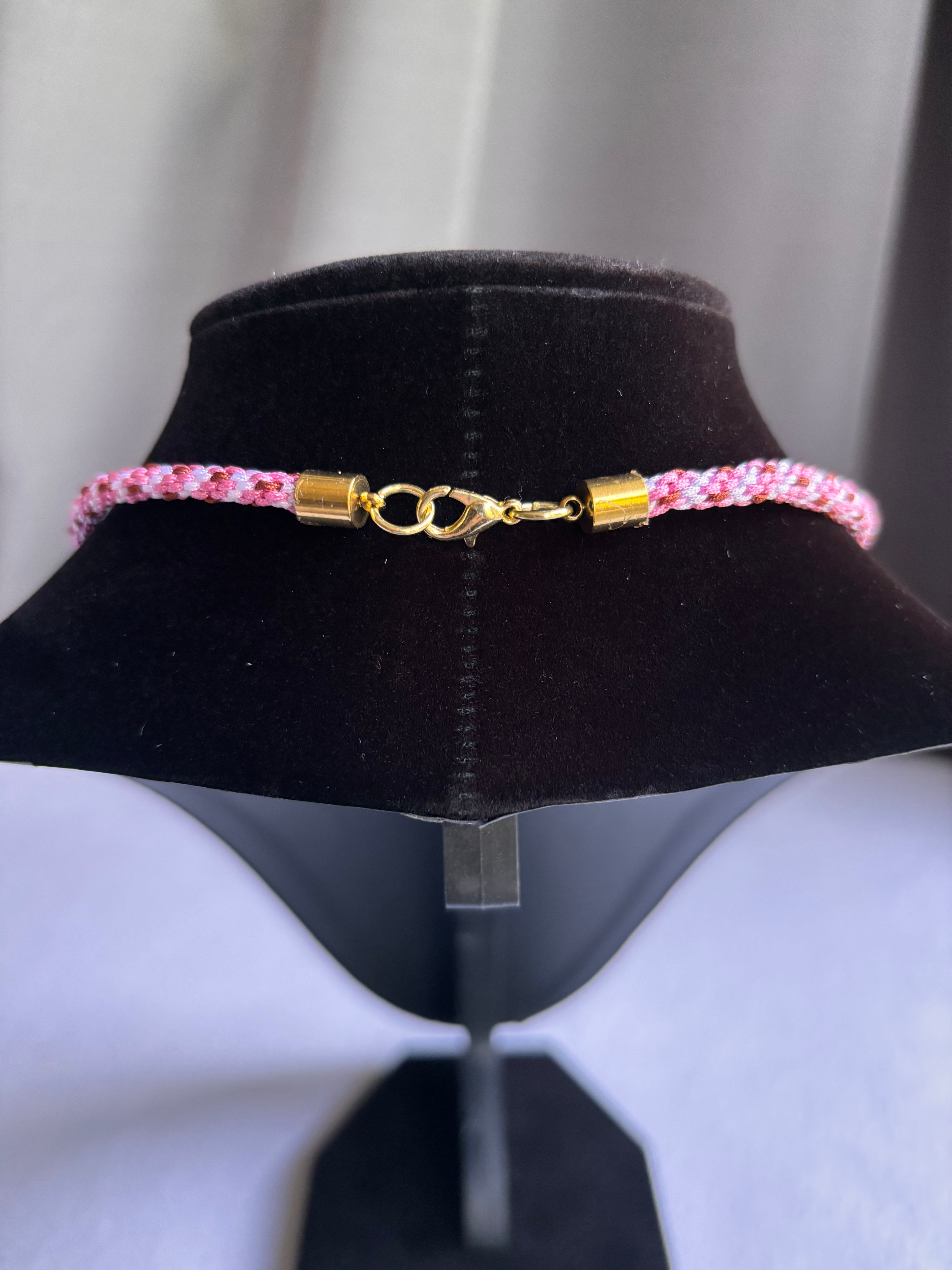 Pink Kumihimo Floral Kitty Charm Necklace