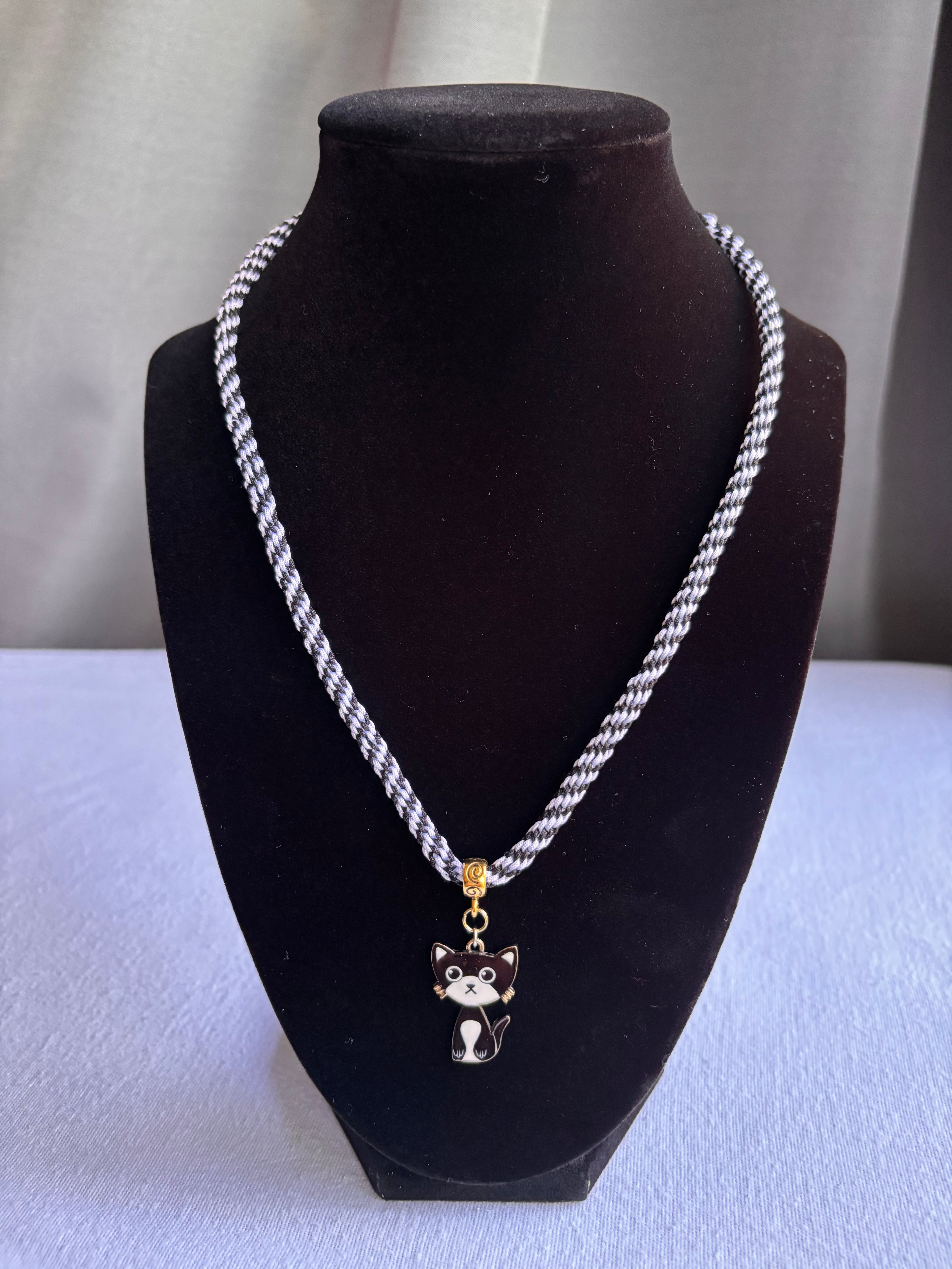 Tuxedo Kumihimo Kitty Charm Necklace