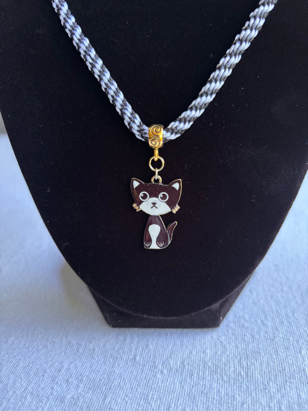 Tuxedo Kumihimo Kitty Charm Necklace