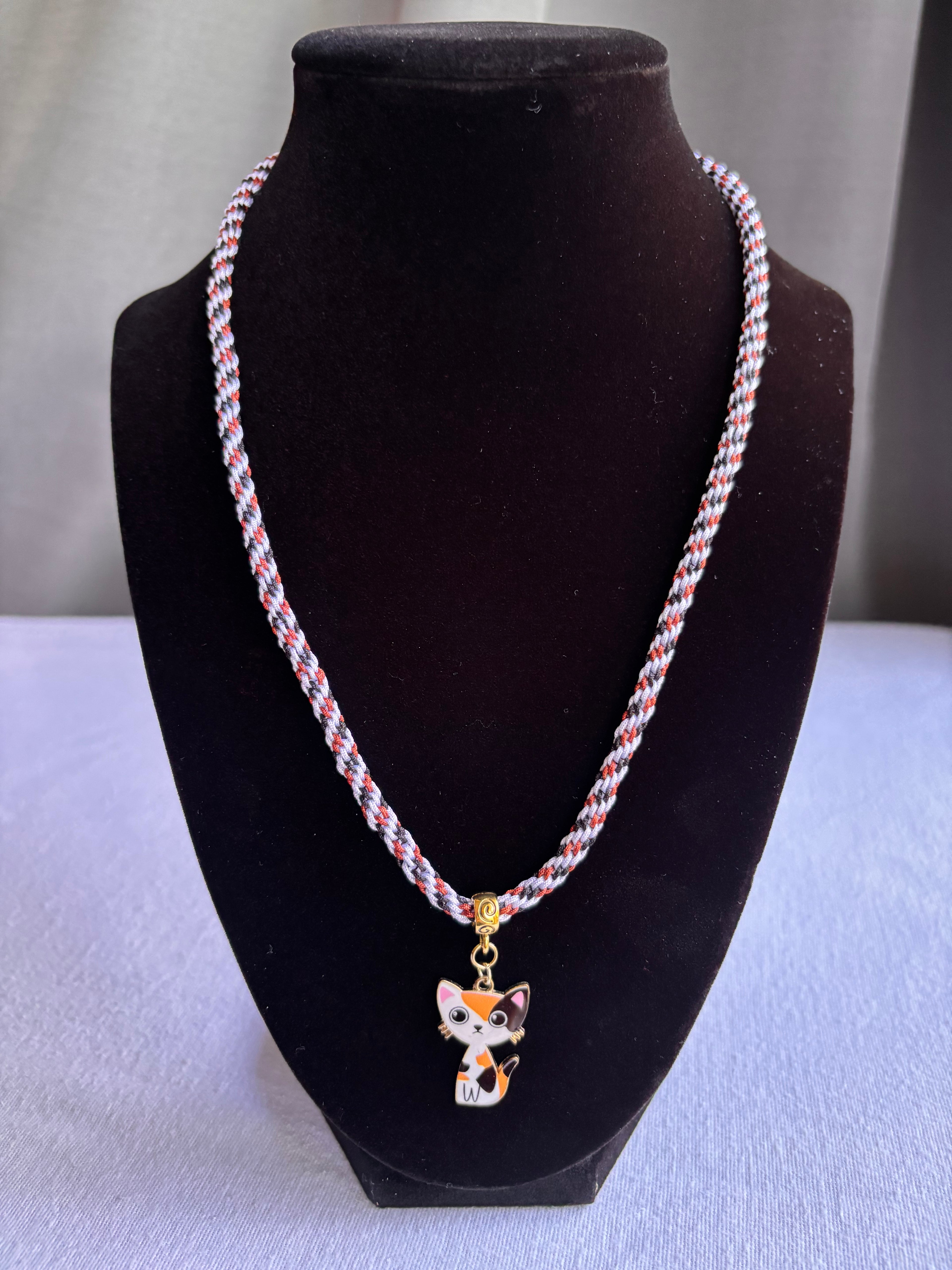 Calico Kumihimo Kitty Charm Necklace