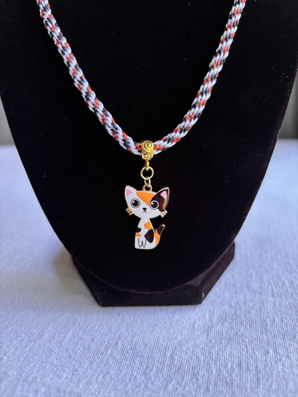 Calico Kumihimo Kitty Charm Necklace