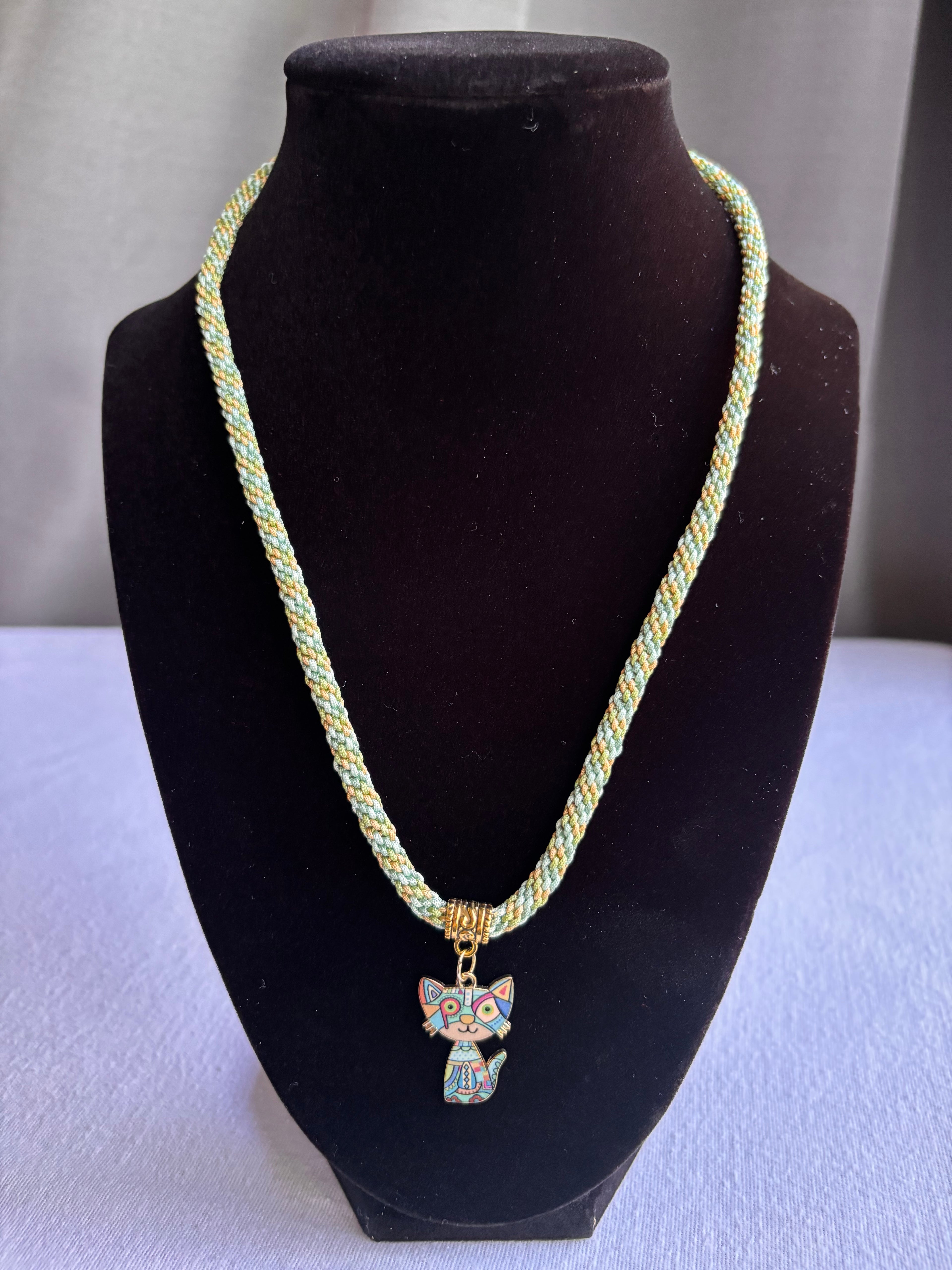 Green Kumihimo Geometric Kitty Charm Necklace