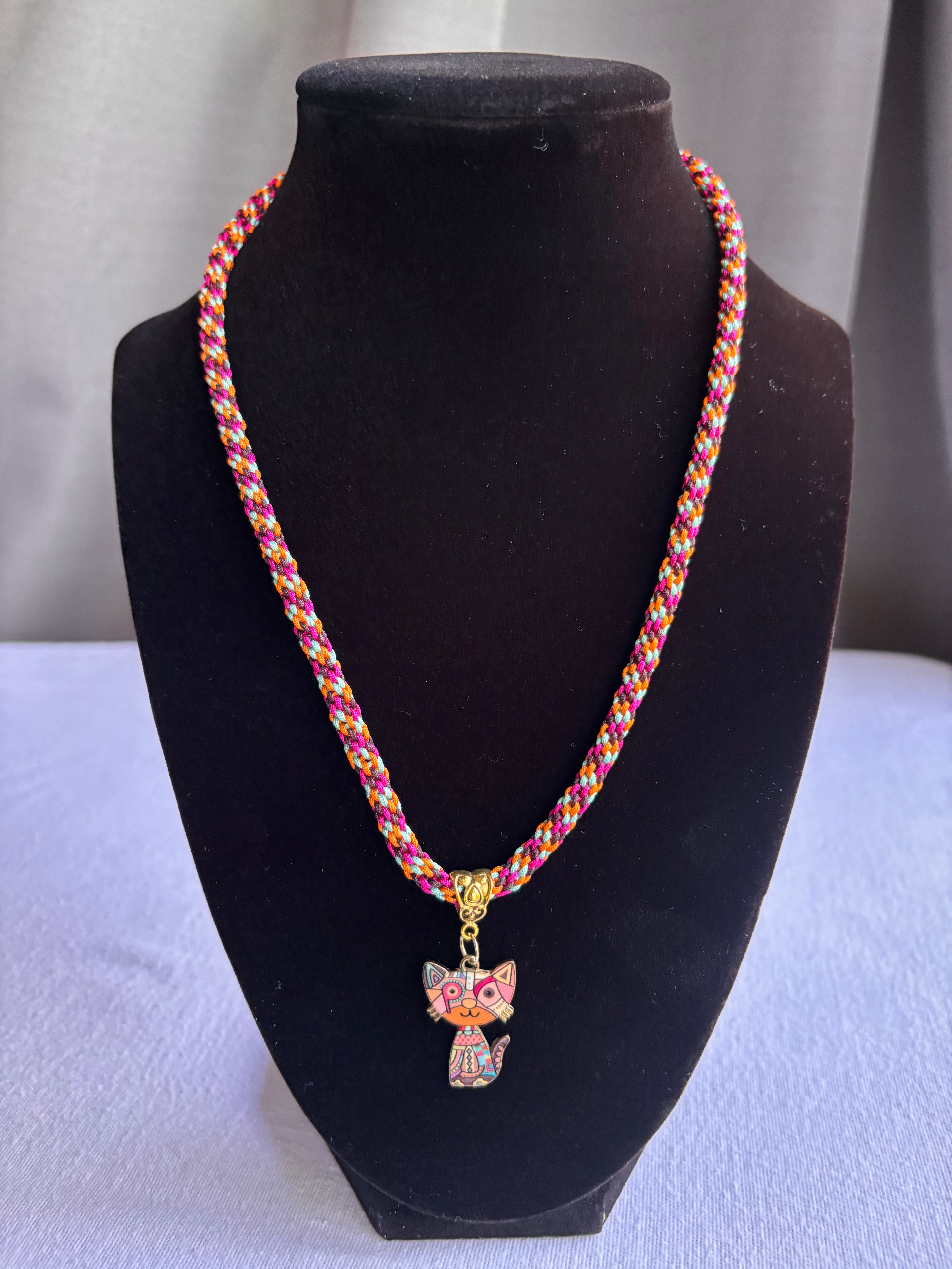 Orange Kumihimo Geometric Kitty Charm Necklace