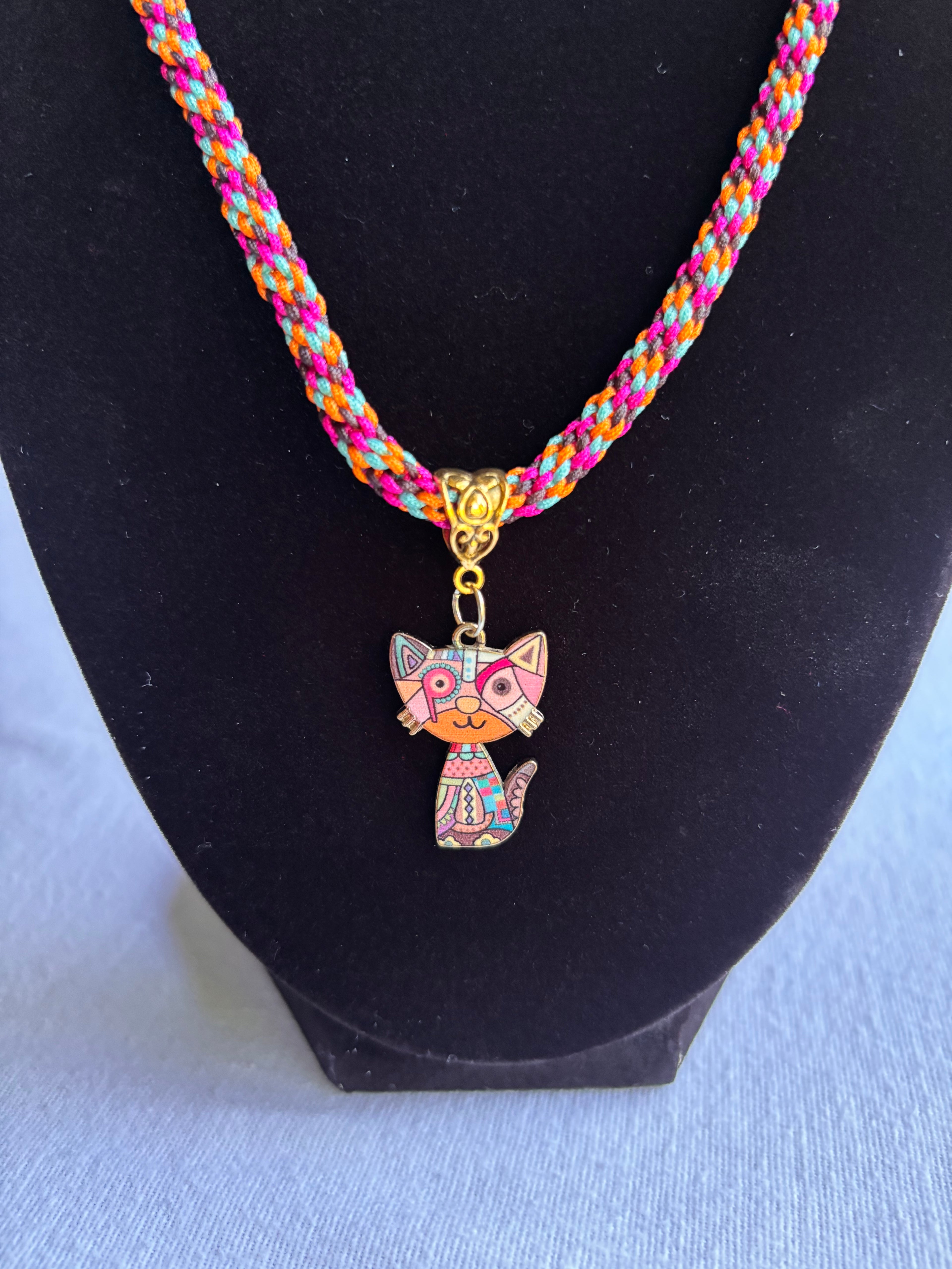 Orange Kumihimo Geometric Kitty Charm Necklace