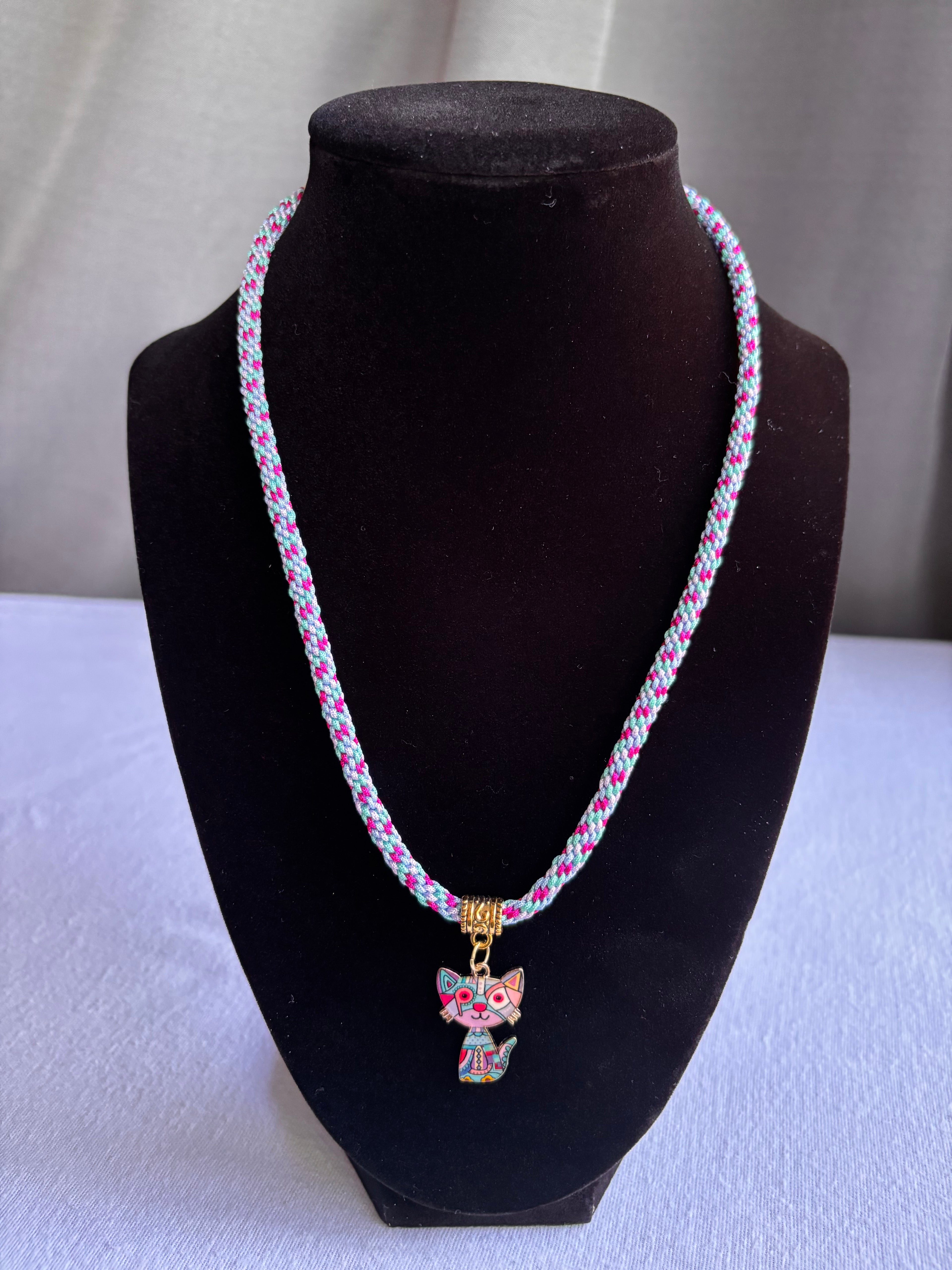 Blue Kumihimo Geometric Kitty Charm Necklace