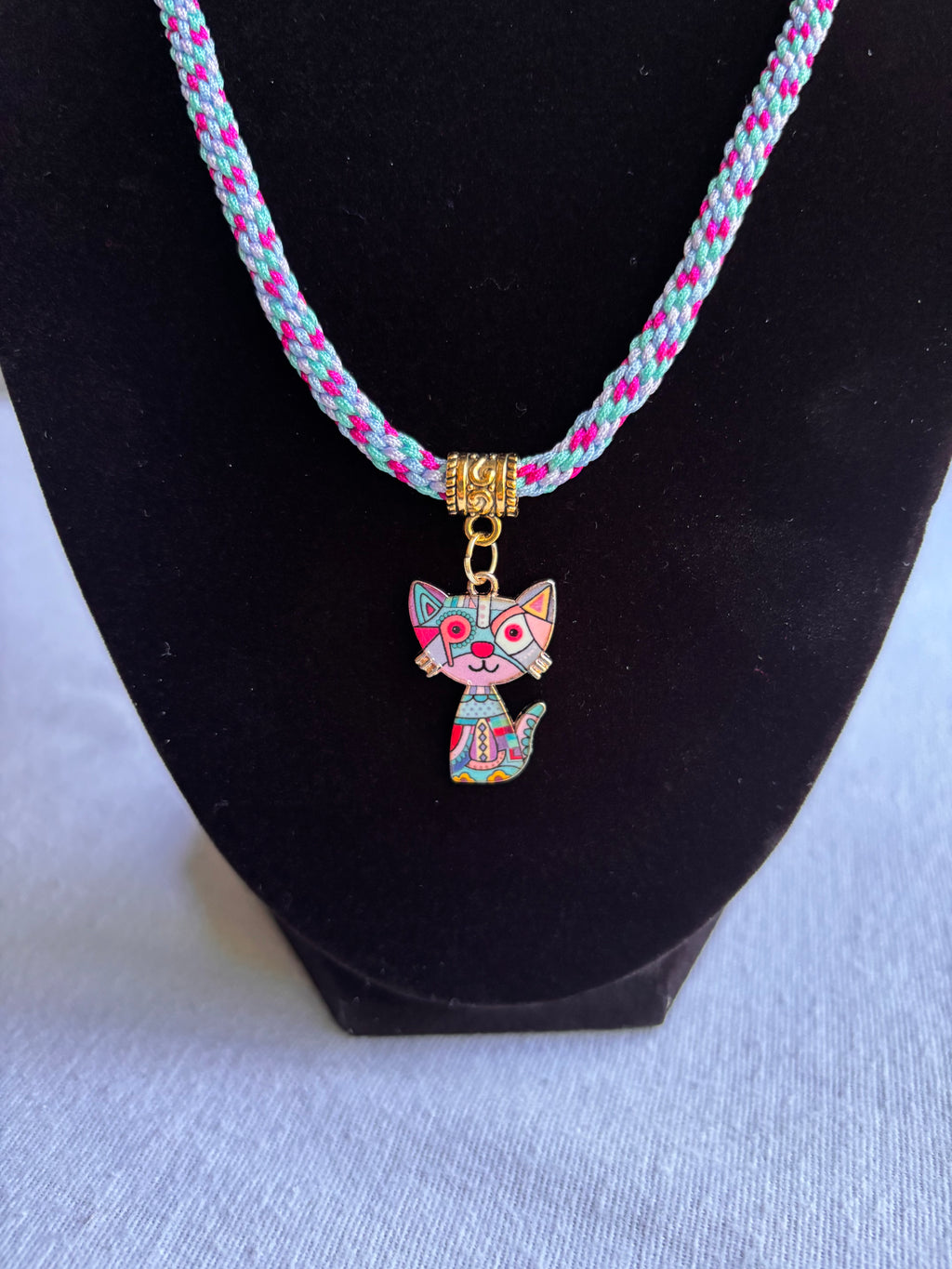 Blue Kumihimo Geometric Kitty Charm Necklace