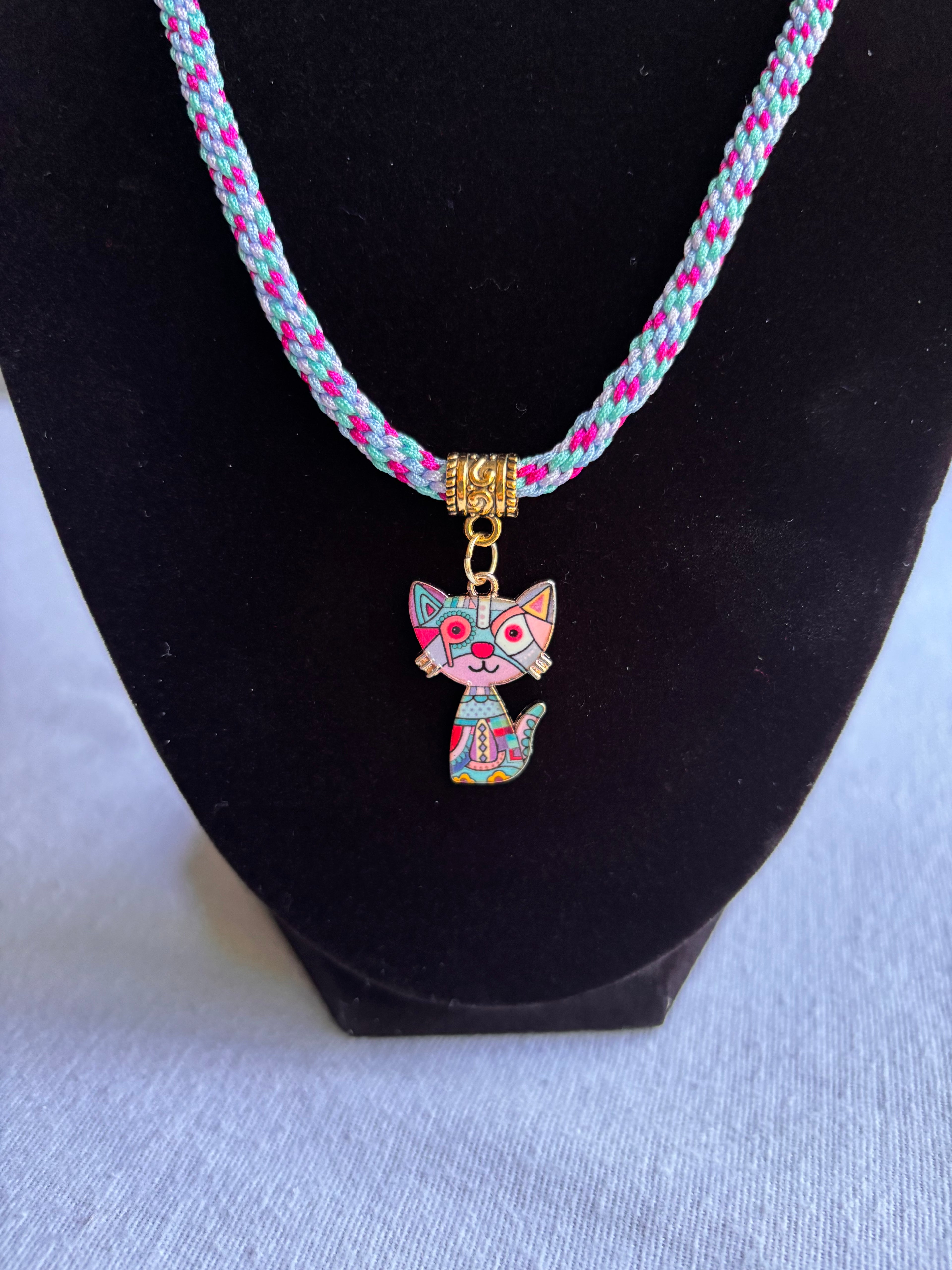 Blue Kumihimo Geometric Kitty Charm Necklace