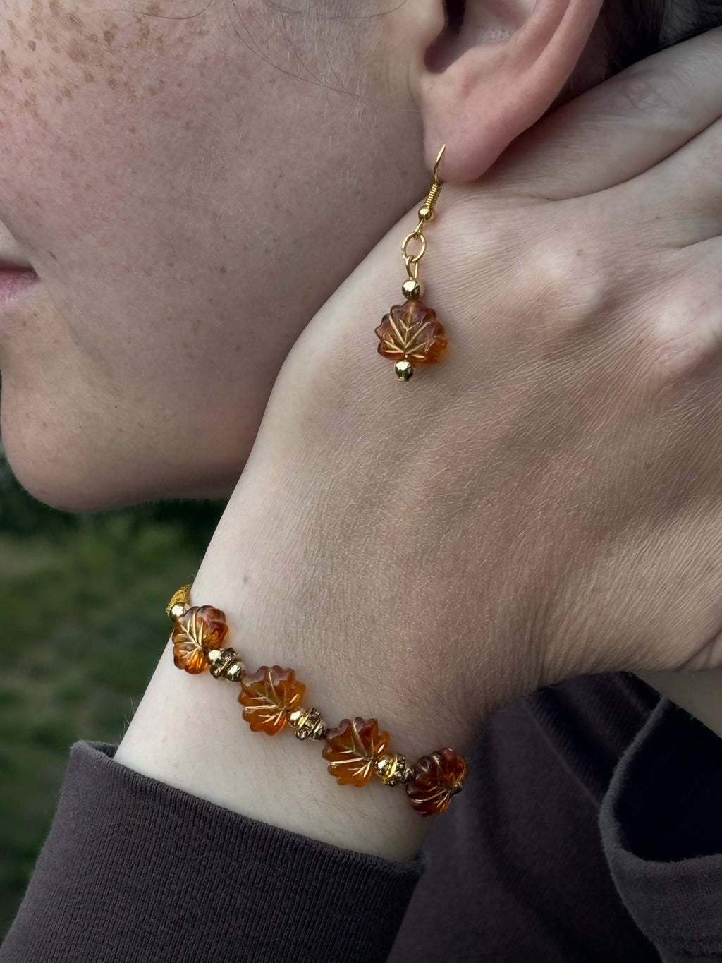Golden Maple Leaf Bracelet & Earring Set